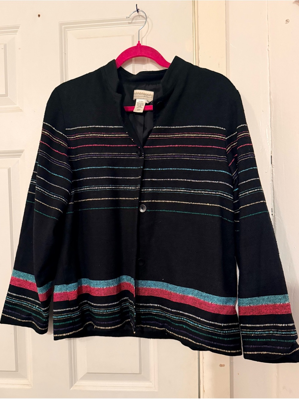 Vintage Coldwater Creek Black Silk Jacket with Teal and Pink Stripe Accents